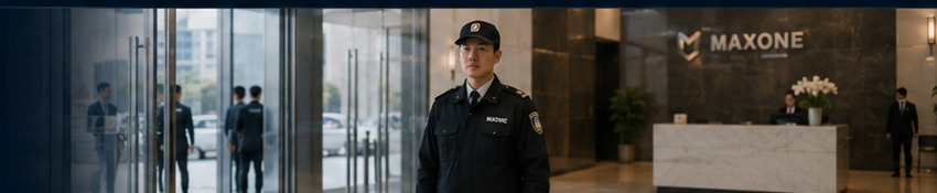 시설 출입구에서 근무하는 맥스원 경비 인력
